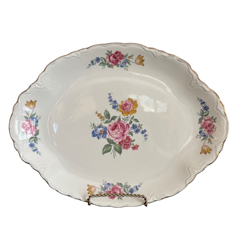 Vintage Hazel by Scio | 13" Oval Serving Platter | Scalloped Gold Trim | Floral